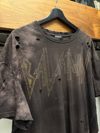 AW2017 Balmain Brown 'Metal
Logo' Distressed T-Shirts