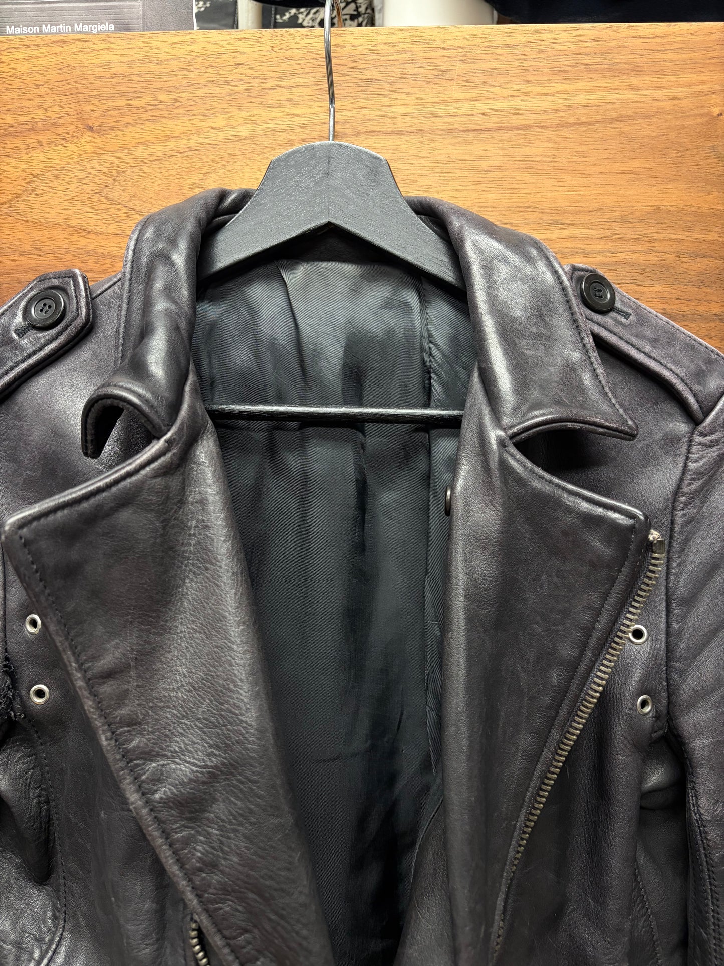 Rick Owens ‘Stooges’ Men’s Black/Purple Faded Calfskin Leather Biker Jacket