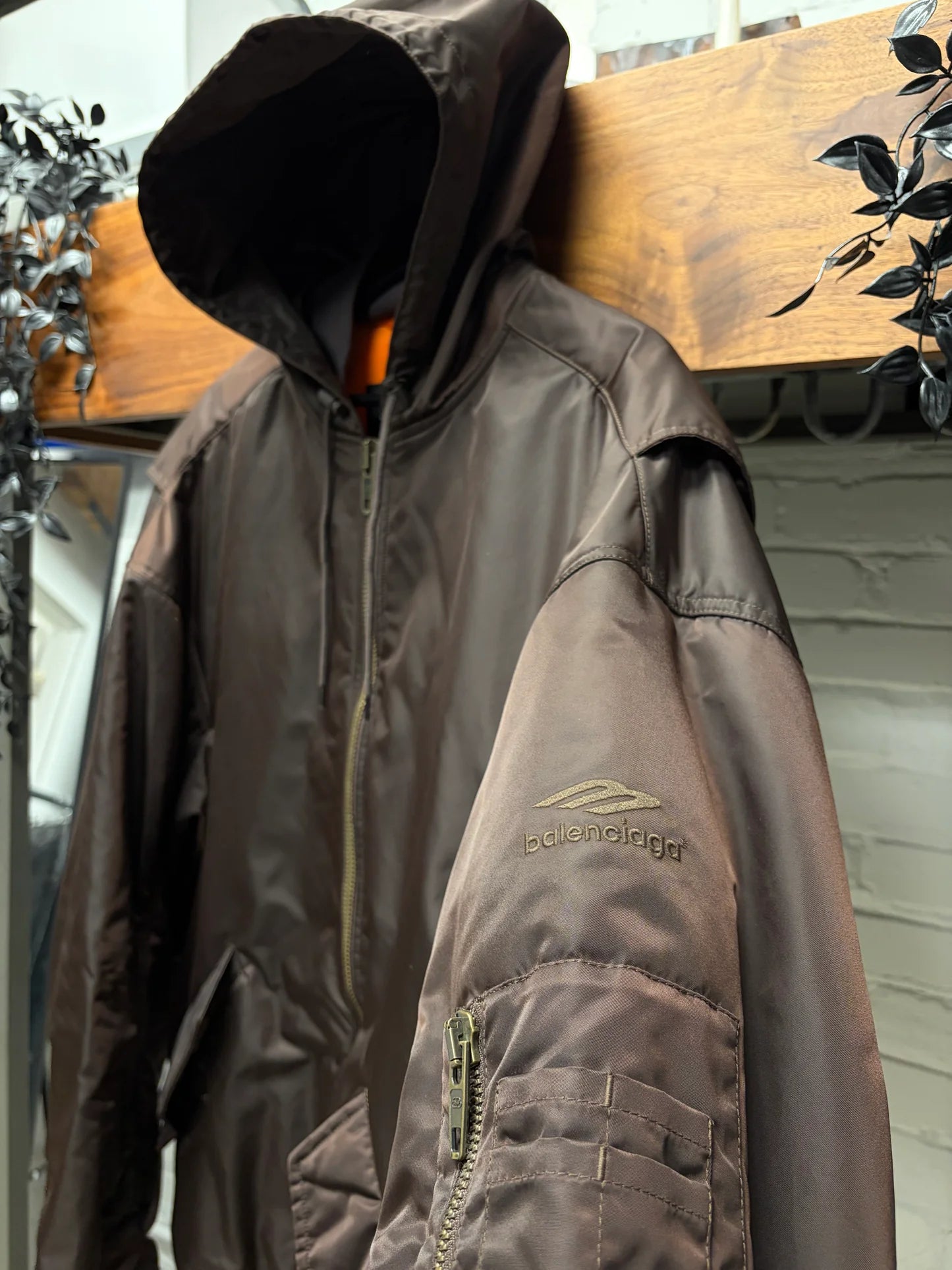 SS2022 Balenciaga ‘3B Sport Icon’ Brown Hooded Bomber Jacket