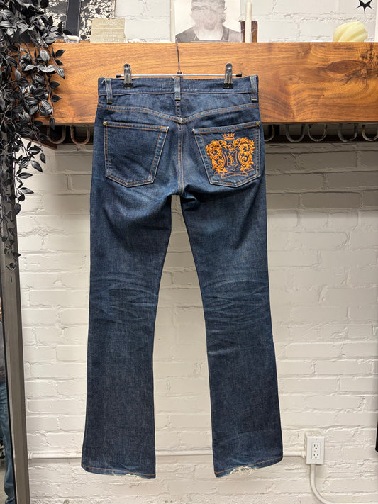 Vintage Yves Saint Laurent Rive Gauche ‘YSL Crest’ Flared Low-Rise Skinny Jeans