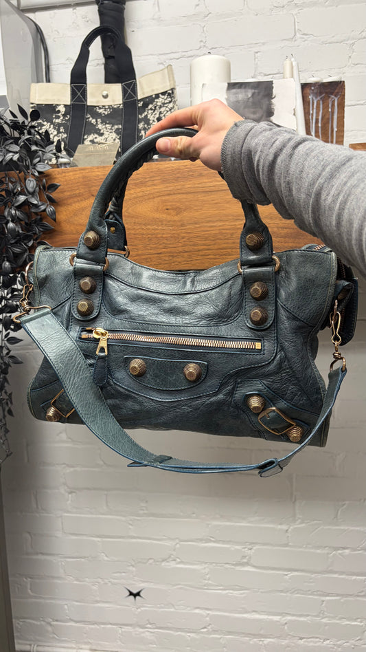 Balenciaga Anthracite Lambskin Leather ‘City Bag’ with Crossbody Strap