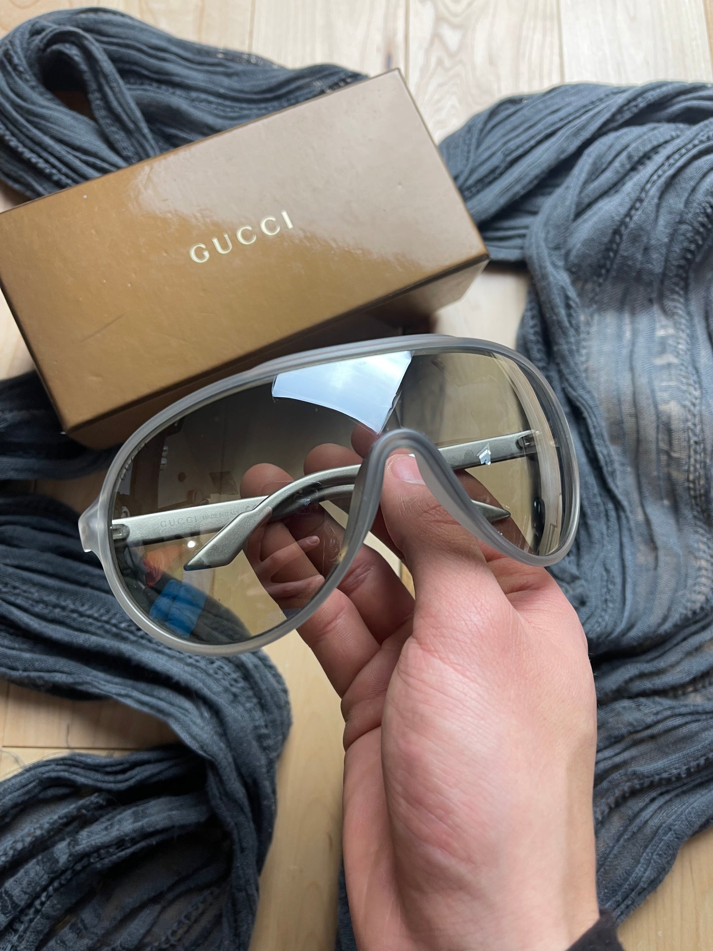 Gucci Shield GG Logo Sleek Grey Aviator Sunglasses