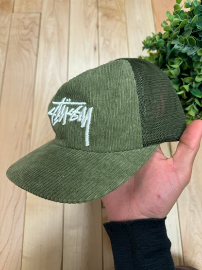 Stussy Corduroy Sage Green/White Strapback Logo Hat