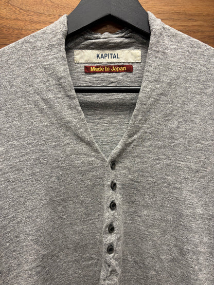 Kapital Natural Grey Cotton V-Neck Henley Long Sleeve Shirt