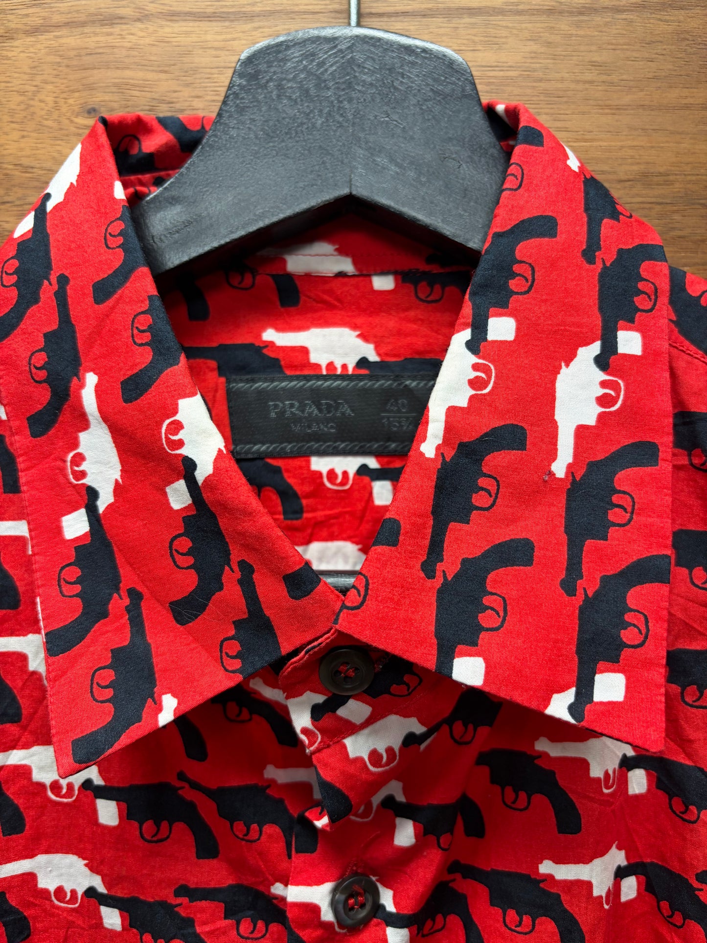 AW2012 Prada ‘Gun Print’ Red Pistol Monogram Button Up Shirt