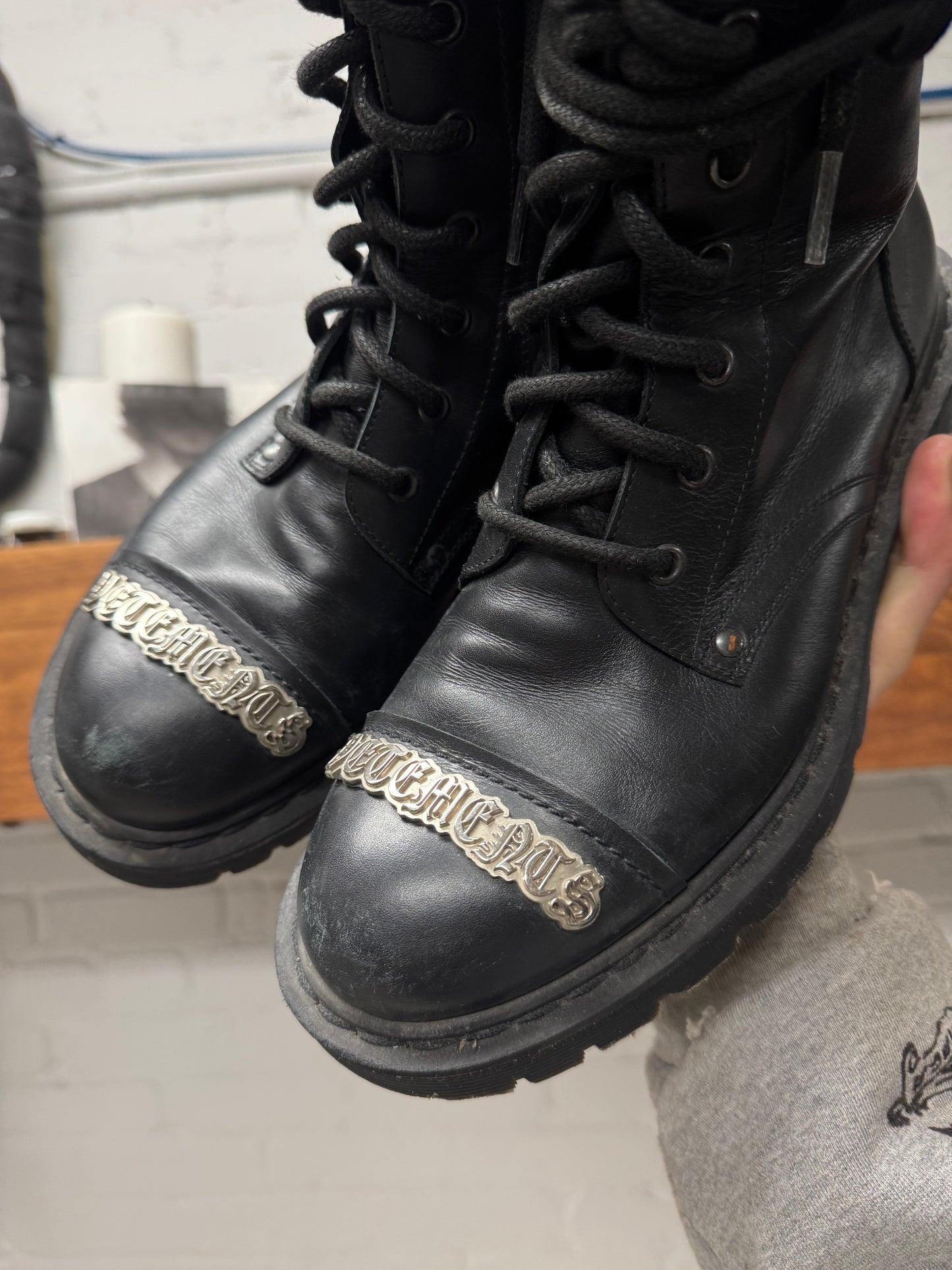 SS2020 Vetements Gothic Logo ‘Plaque’ Leather Combat Boots