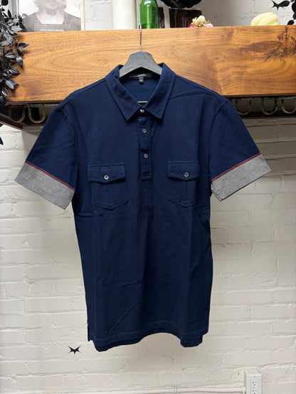 Gucci Navy Blue Polo with ‘Rolled Hem’ Color-Blocked Sleeve Polo