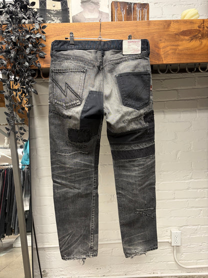 Neighborhood Patchwork Distressed Black Bootcut Denim