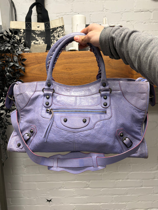 Balenciaga Lavender Purple Leather ‘City Bag’ with Crossbody Strap