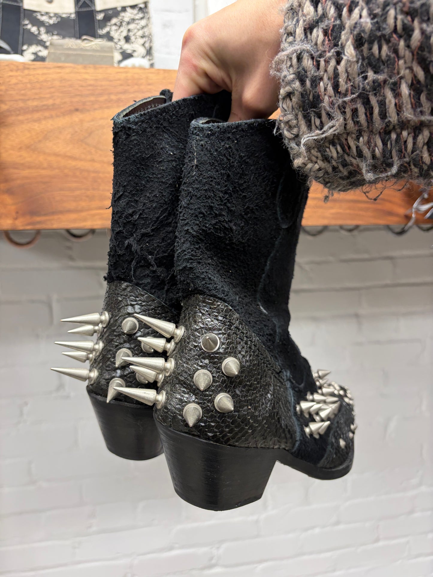 SS2014 Junya Watanabe Spiked Black Suede/Python Cowboy Boots