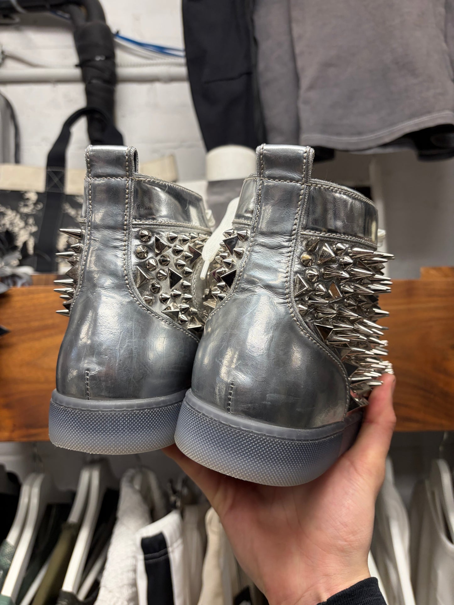 Christian Louboutin ‘Louis Spikes’ Metallic Silver Red Bottom Sneakers