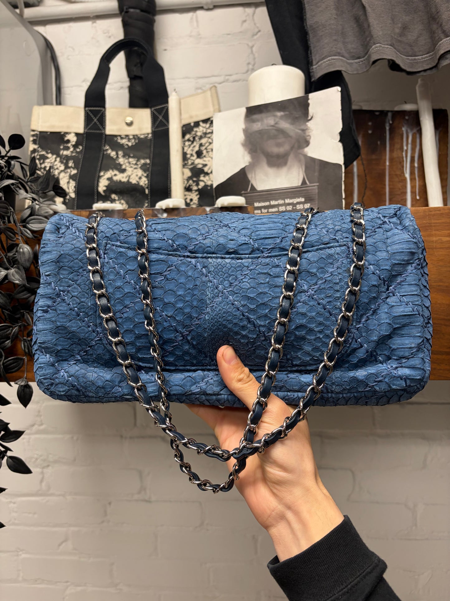 Chanel Blue Python Leather Classic ‘Flap Bag’ with Silver Hardware