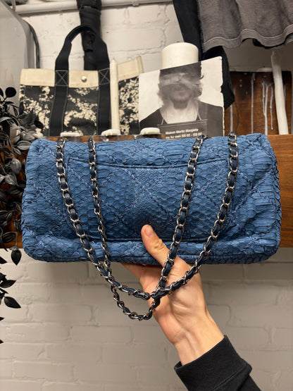 Chanel Blue Python Leather Classic ‘Flap Bag’ with Silver Hardware