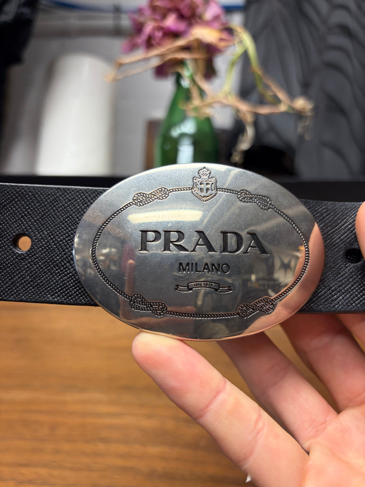 Prada Black ‘Saffiano’ Black Leather Belt with Silver Engraved Oval Buckle