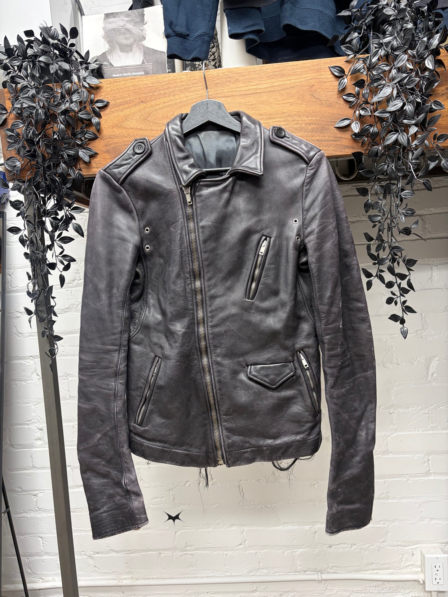 Rick Owens ‘Stooges’ Men’s Black/Purple Faded Calfskin Leather Biker Jacket