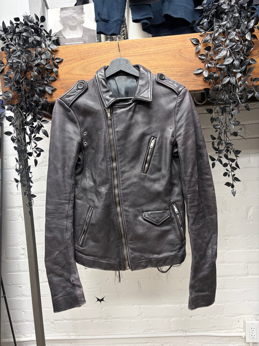Rick Owens ‘Stooges’ Men’s Black/Purple Faded Calfskin Leather Biker Jacket