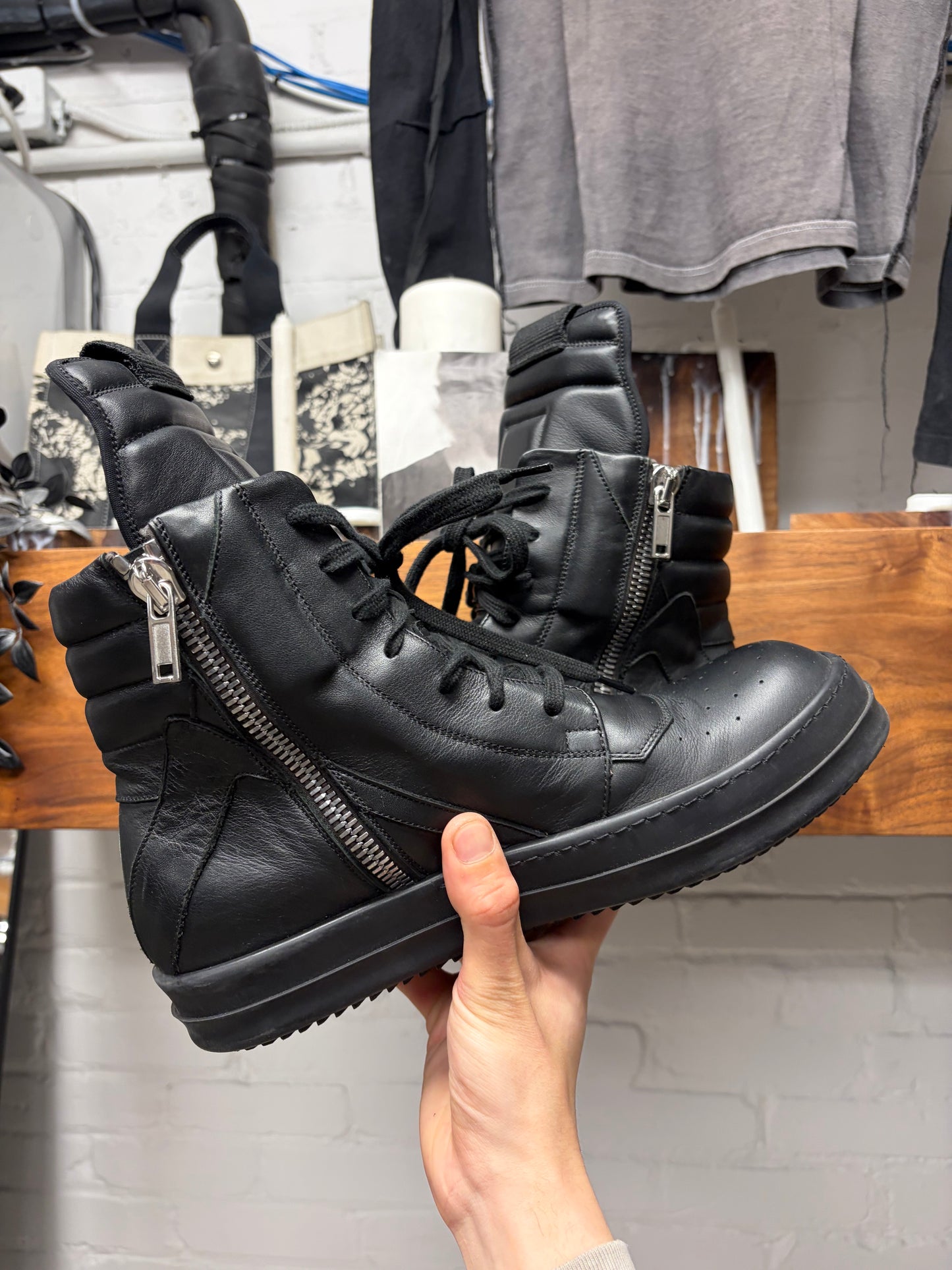 Rick Owens Black Leather ‘Geobasket’ High Top Sneakers