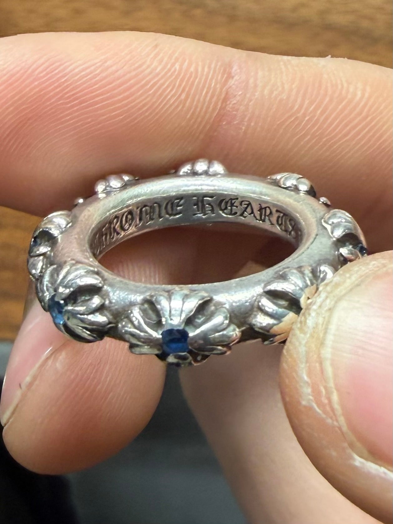 Chrome Hearts ‘Cross Band’ 925 Silver Ring with Factory Set Sapphire Stones