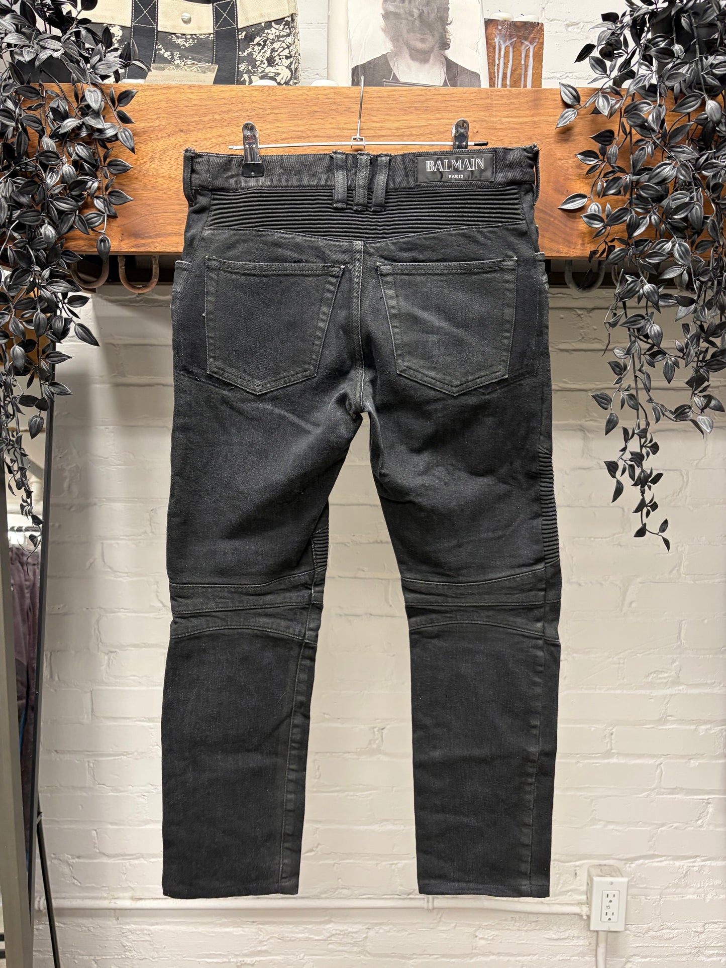 Balmain Waxed Black Skinny Cut Biker Denim