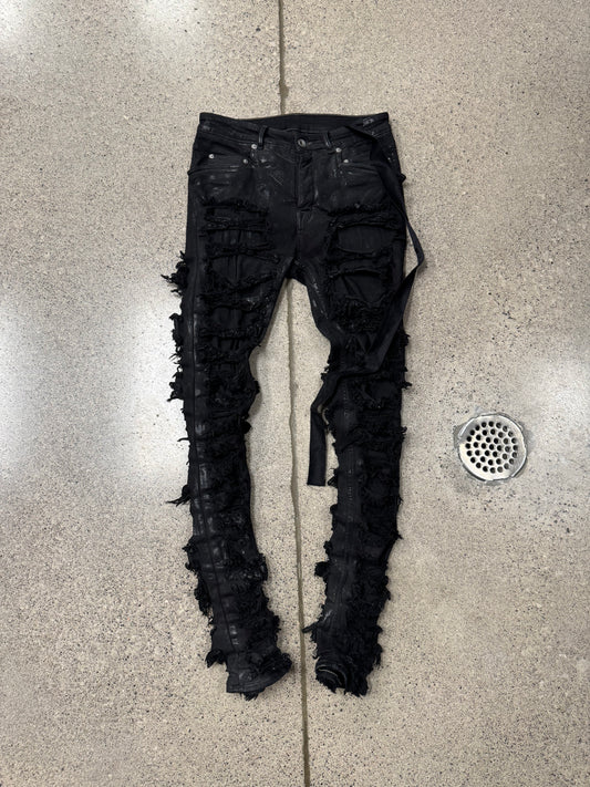 AW2021 Rick Owens ‘Gethsemane’ Waxed Black ‘Tyrone Cut’ Distressed Denim