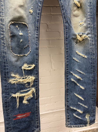 SS2005 Undercover 60 ‘But Beautiful’ Red Yarn Distressed Blue Men’s Skinny Jeans