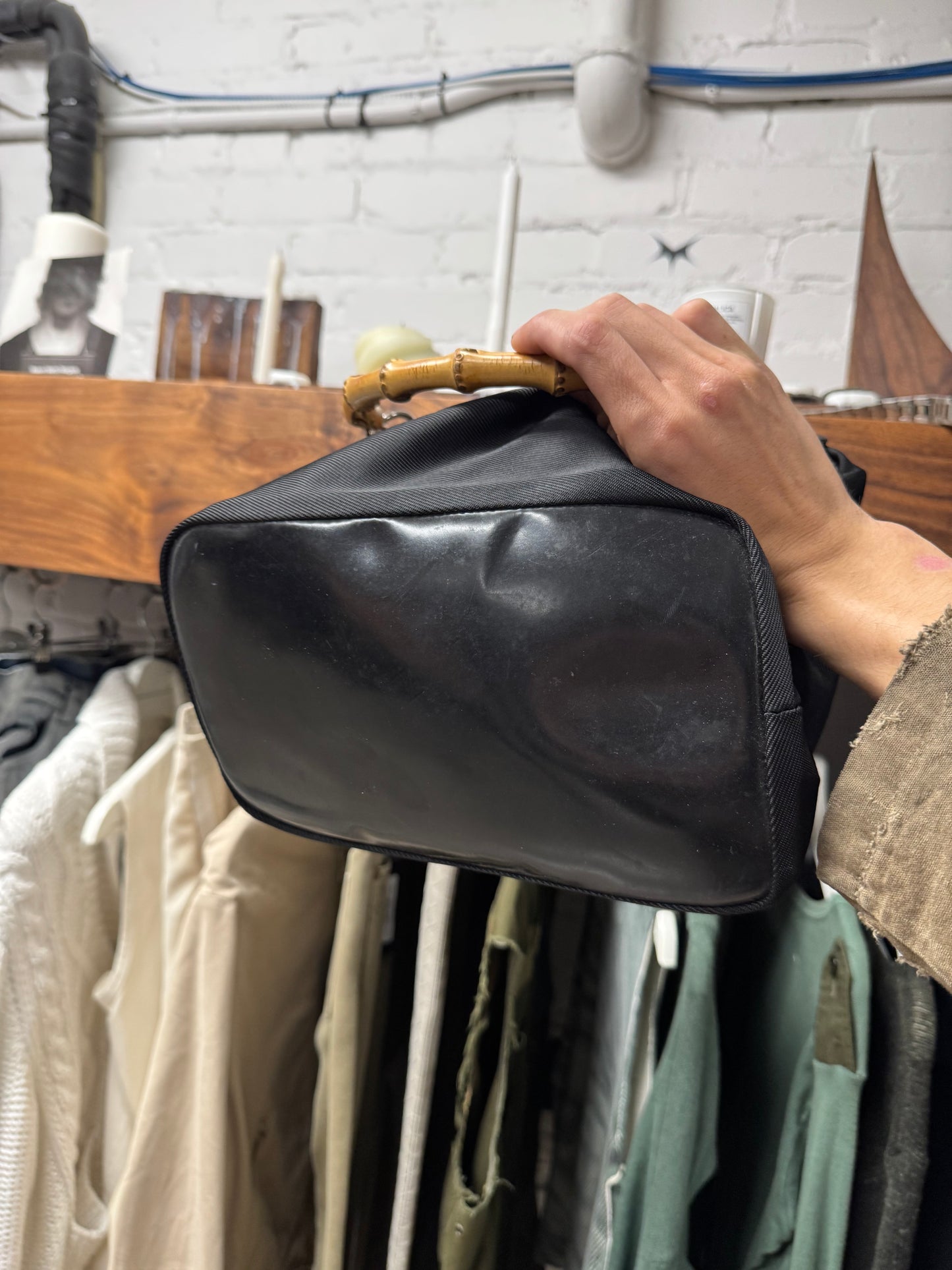 Vintage Gucci Black Nylon/Bamboo Handle ‘Hobo’ Shoulder Bag