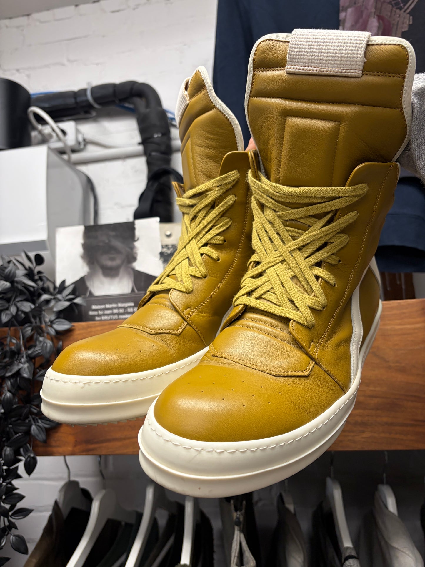 Rick Owens ‘Geobasket’ Mustard/Milk Leather High Top Sneakers