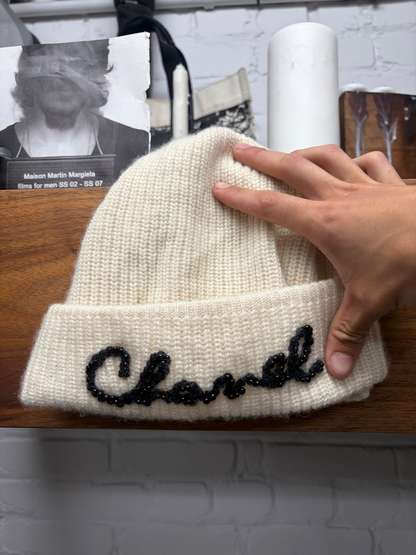 Chanel 100% Cashmere/Resin Pearl Cream ‘Cursive Logo’ Ribbed Knit Beanie