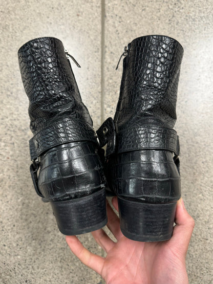 Saint Laurent Croc Print Black Leather Wyatt Harness Boots