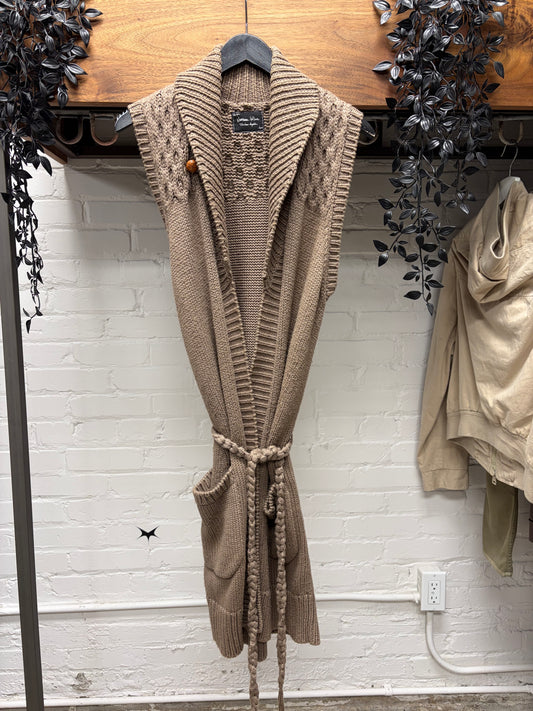 Number (N)ine ‘About a Boy’ Cable Knit Brown Sleeveless Robe with Rope Tie Waist Cinch