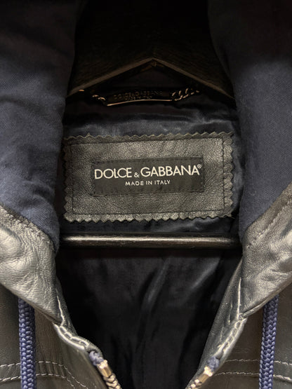 2000s Dolce & Gabbana ‘Mainline’ Hooded Lambskin Leather Cargo Bomber Jacket