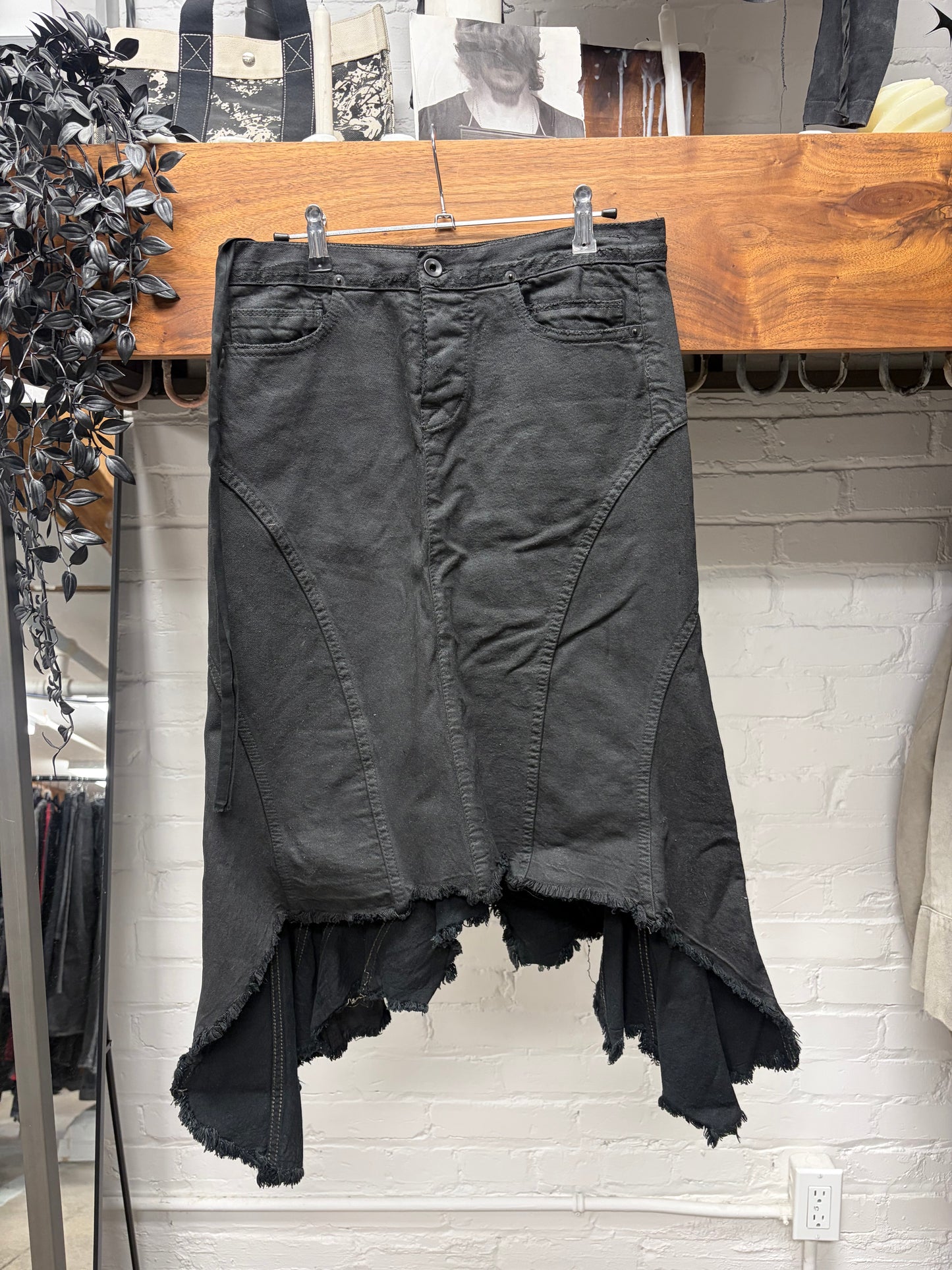 2005 Rick Owens Waxed Black ‘Waterfall’ Raw Hem Denim Midi Skirt