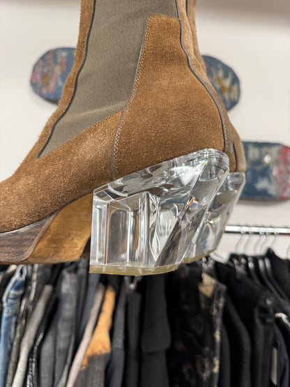 Rick Owens Brown Suede Clear Cuban Heel Platform Boots