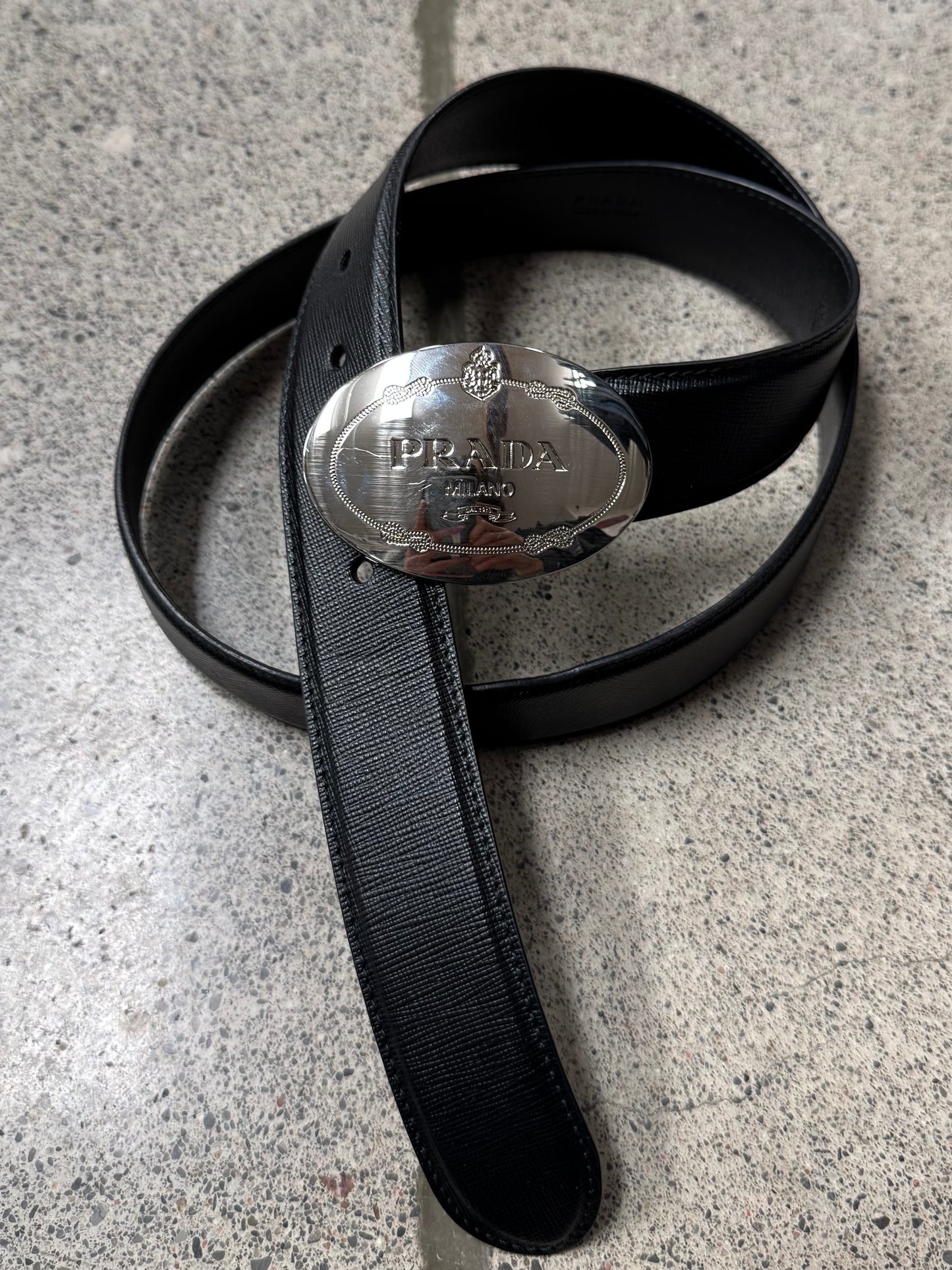 Prada ‘Saffiano’ Silver Buckle/Black Leather Belt