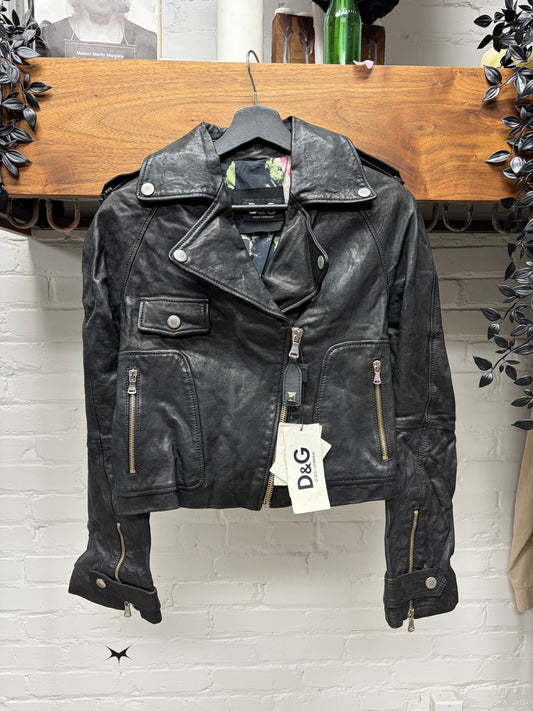 Dolce and Gabbana Cropped Black Lambskin Leather Biker Jacket with Floral Liner