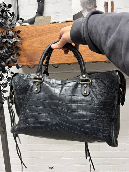 Balenciaga Embossed Croc Leather ‘City’ Classic Black Bag