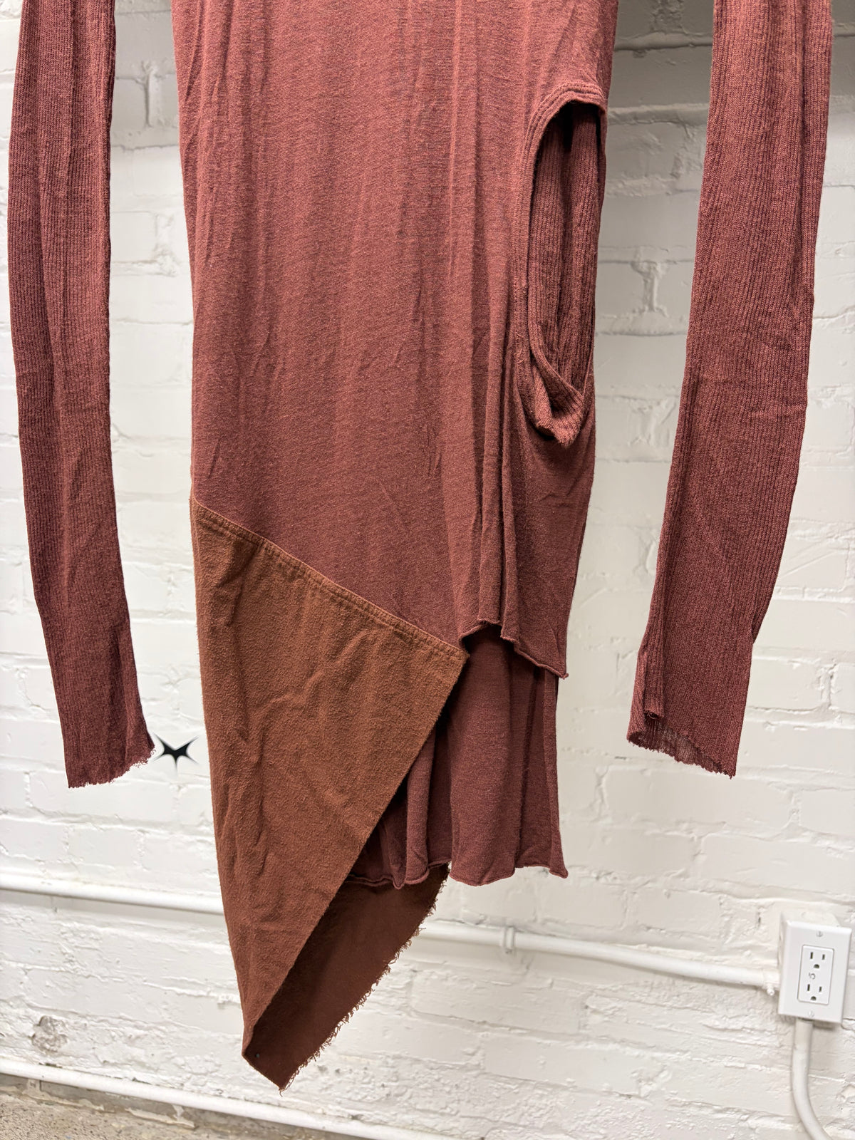 AW2003 Rick Owens ‘Trucker’ Dark Cherry Asymmetric Drape Long Sleeve Shirt
