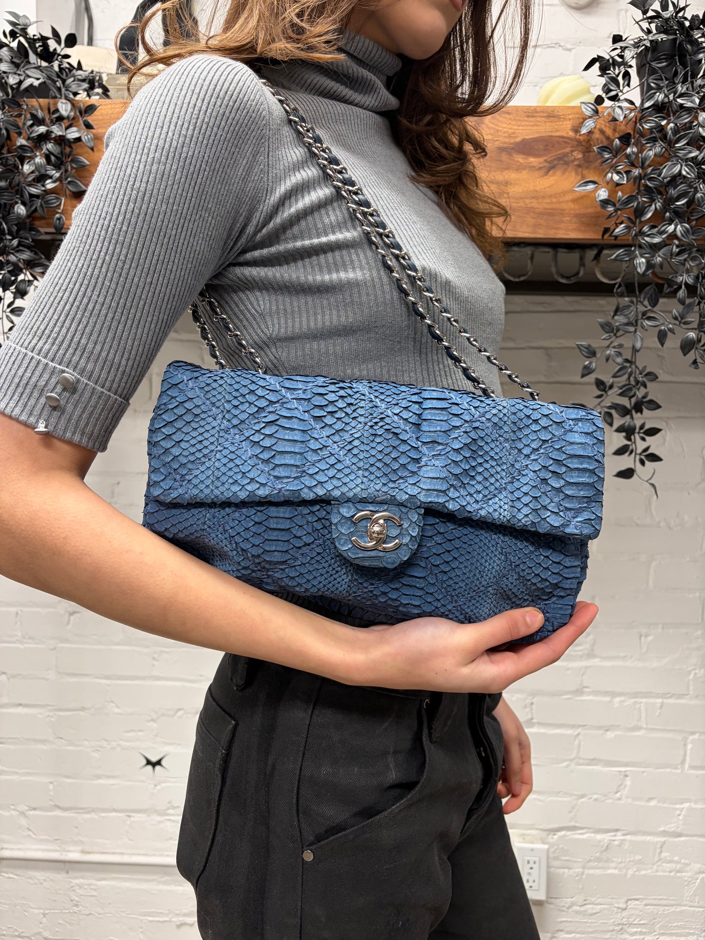 Chanel Blue Python Leather Classic ‘Flap Bag’ with Silver Hardware