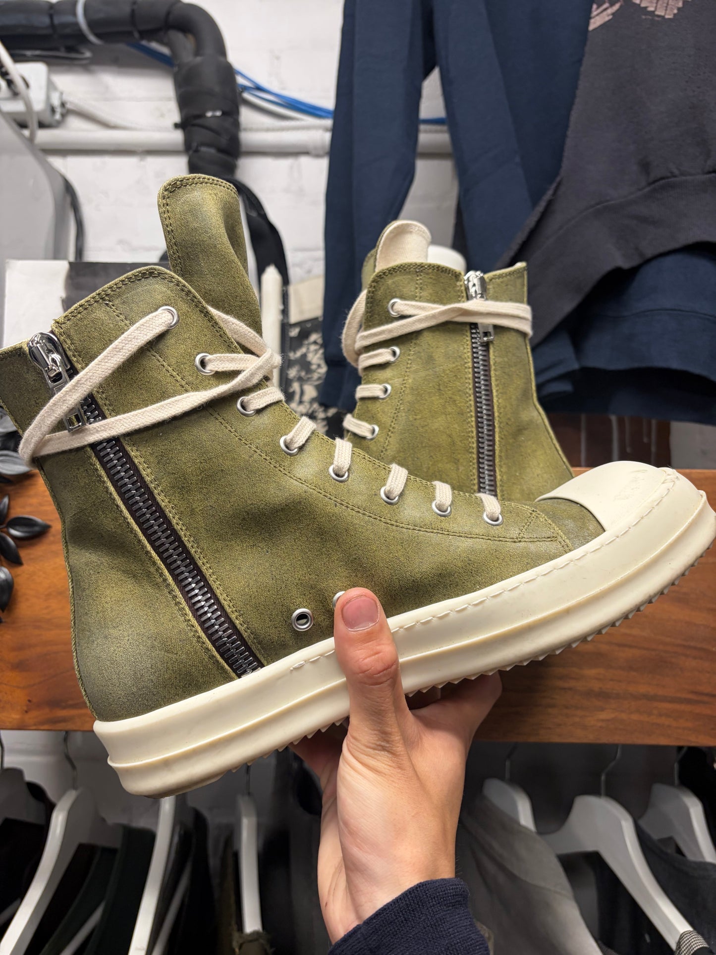 AW2024 Rick Owens ‘Porterville’ Waxed ‘Khaki’ Ramones High Top Sneakers