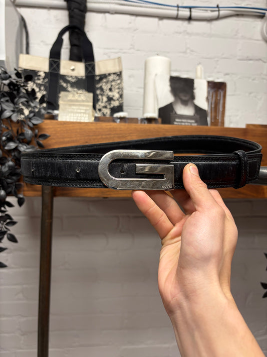 Vintage 2000s Gucci ‘Long G’ Silver Buckle Black Leather Belt