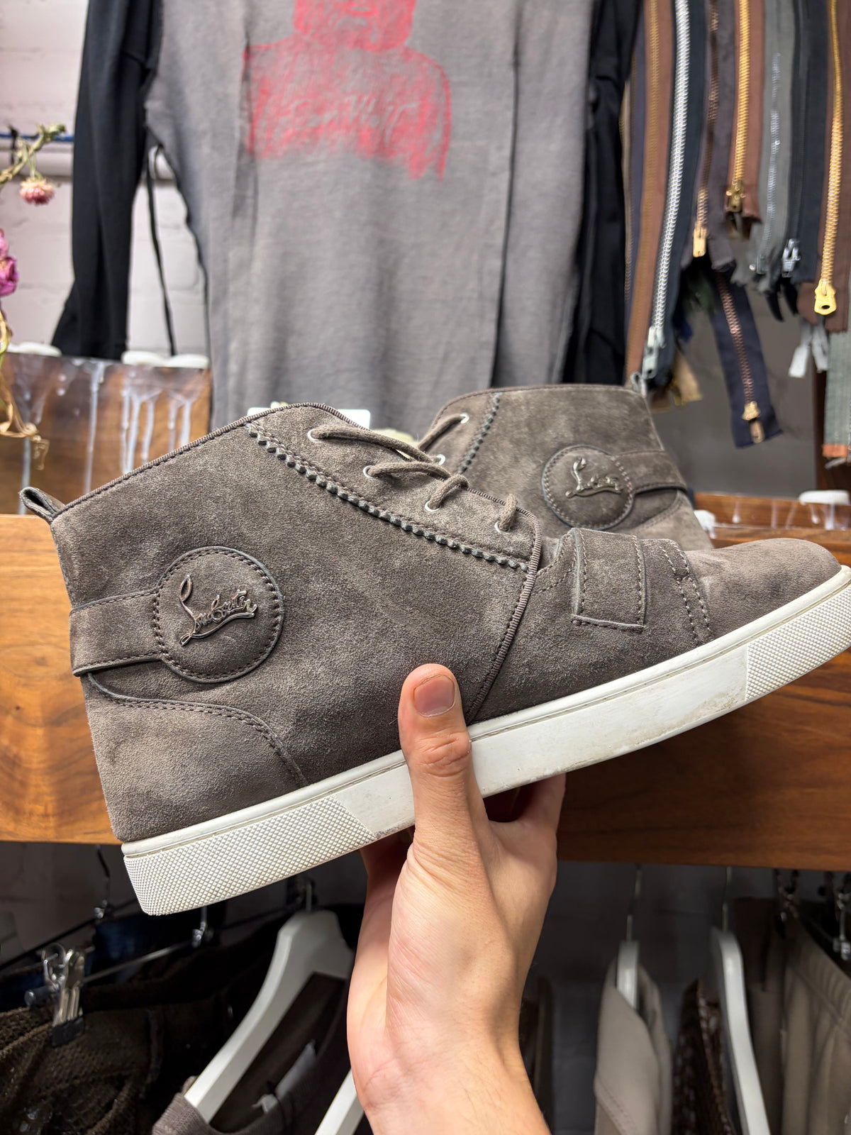 Christian Louboutin Brown Suede Studded Sneakers with Red Bottom Sole