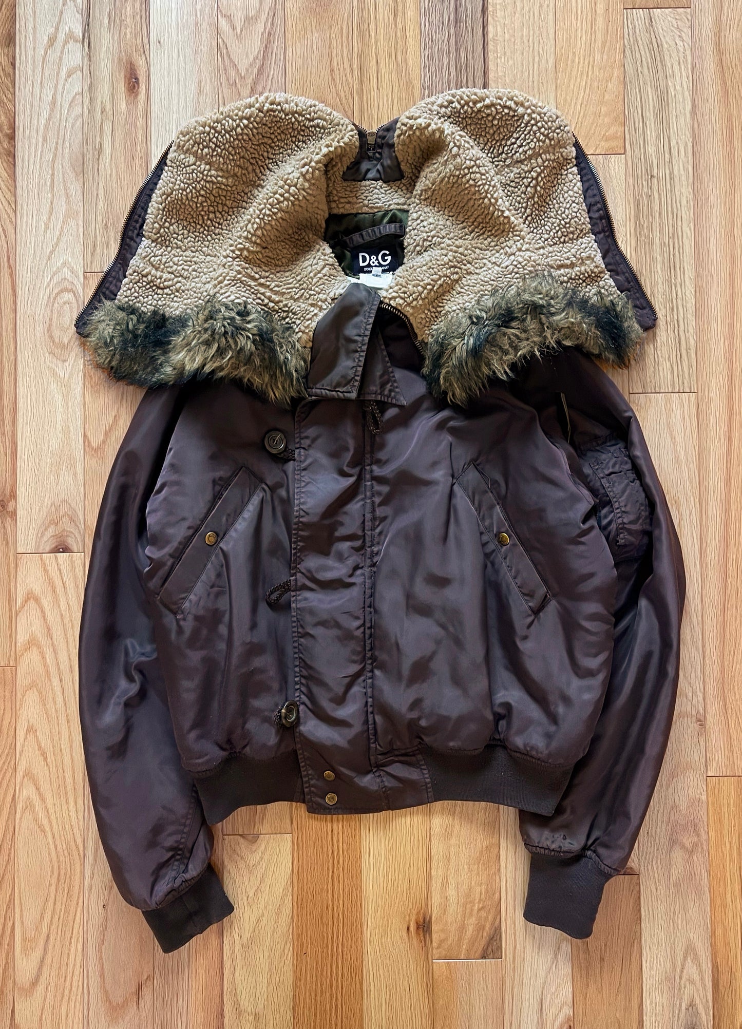 2000s Dolce & Gabbana Split Hood Fur Lined Brown Bomber Jacket