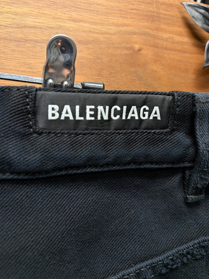 2025 Balenciaga Over Knee Length Distressed Black Raw Hem Denim Shorts