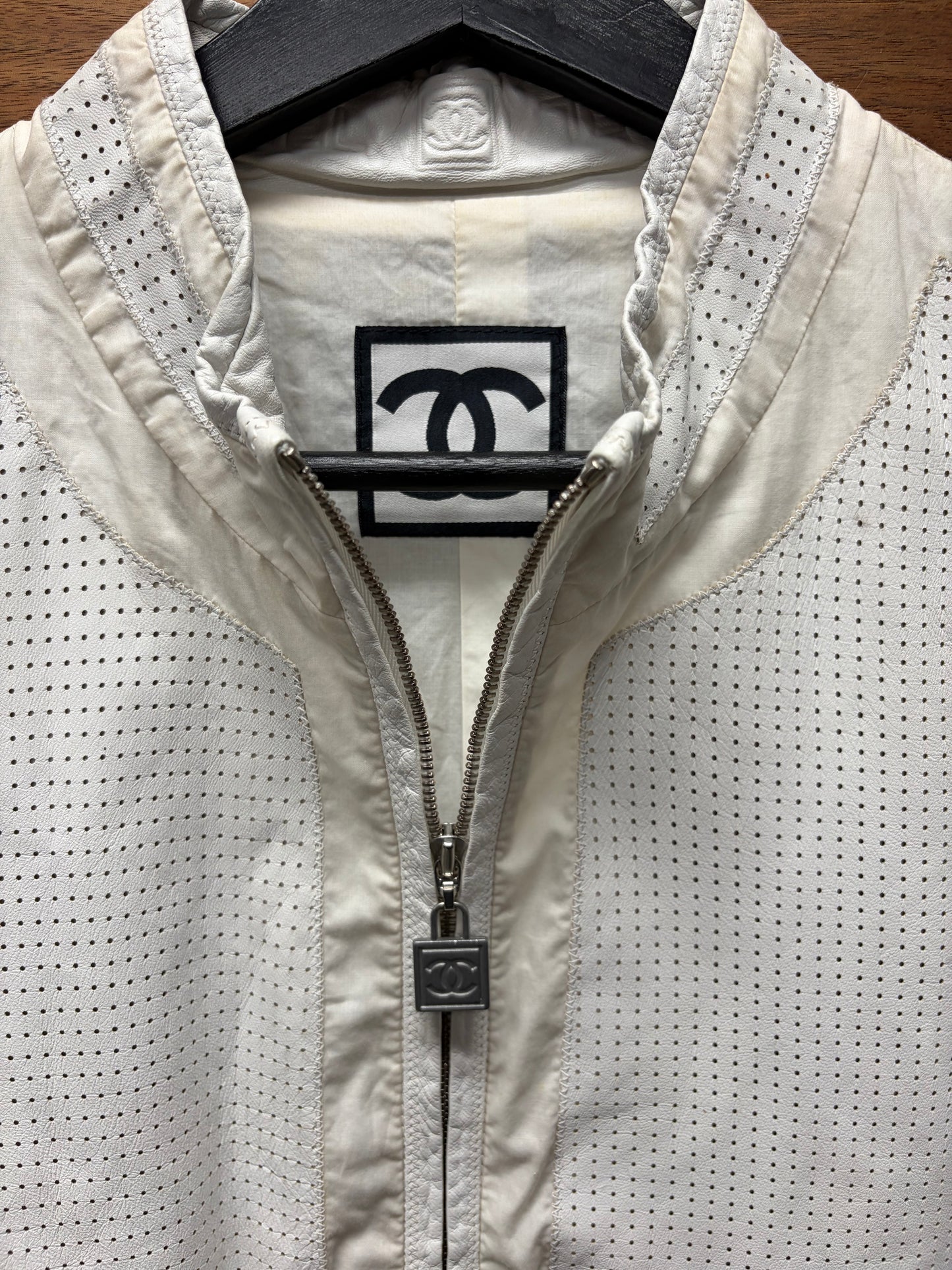 Chanel Identification ‘Perforated Logo’ Cream White Panelled Moto Racing Jacket