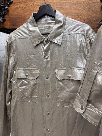 SS2022 Rick Owens ‘Fogachine’ Metallic Effect Coated Silver Shirt with Back Shoulder Strap
