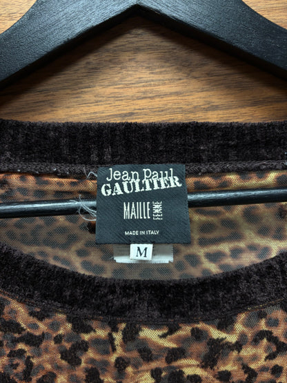 Vintage Jean Paul Gaultier Leopard Print Mesh Top with Velour Ribbed Sleeves