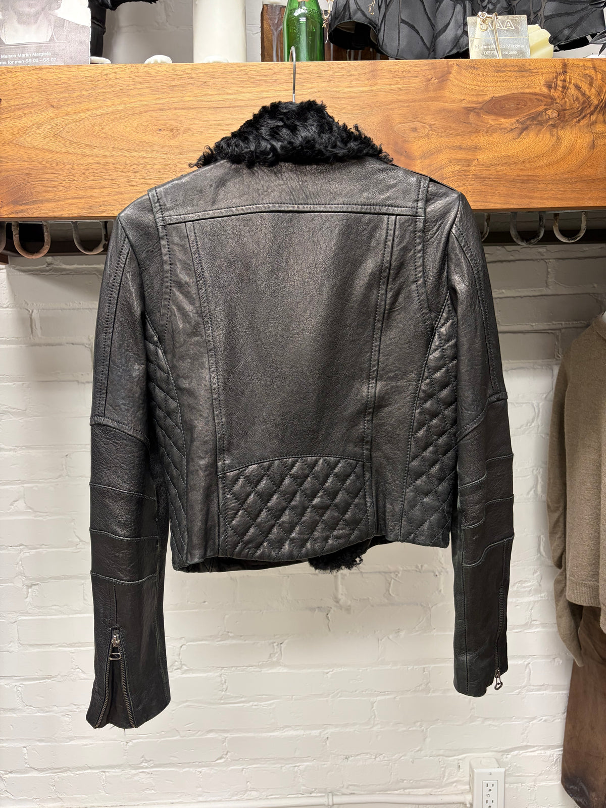 Balmain Quilted Black Lambskin Cropped Leather Biker Jacket with Shearling Trim