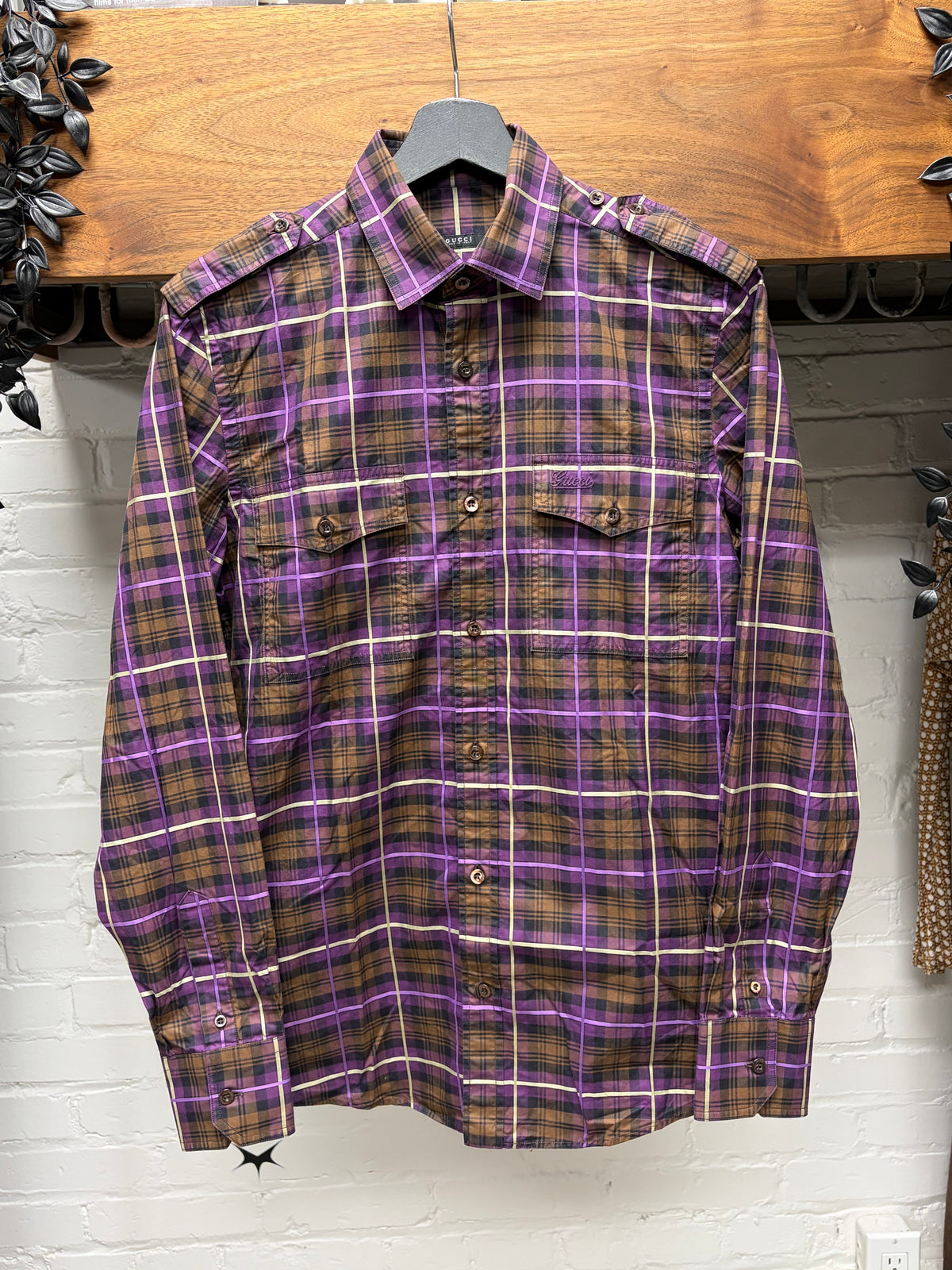 2000s Gucci by Frida Giannini Orange/Purple Plaid Button Up Shirt with Shoulder Epaulets