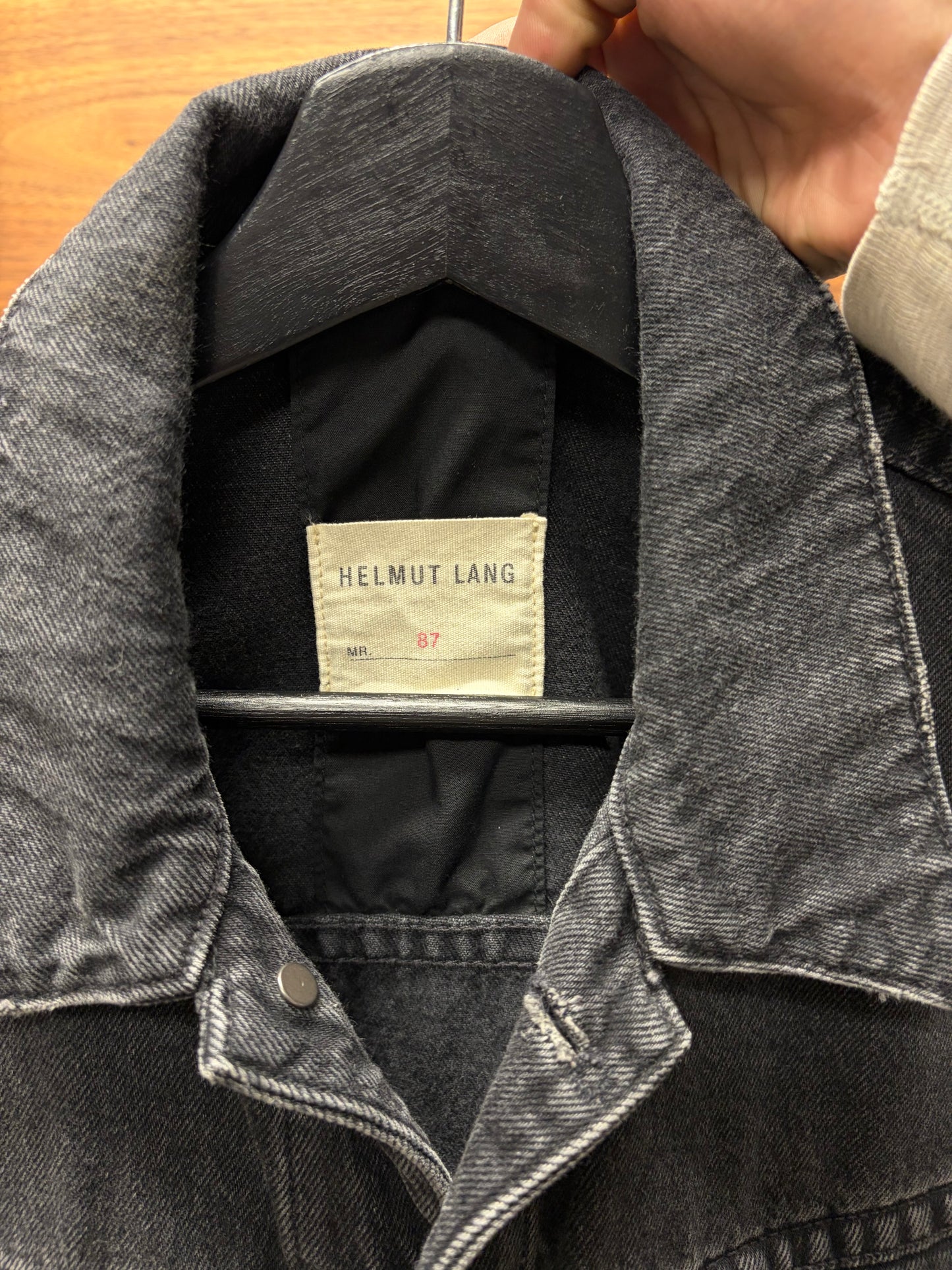 Helmut Lang Patch Repaired Black Distressed Denim Trucker Jacket