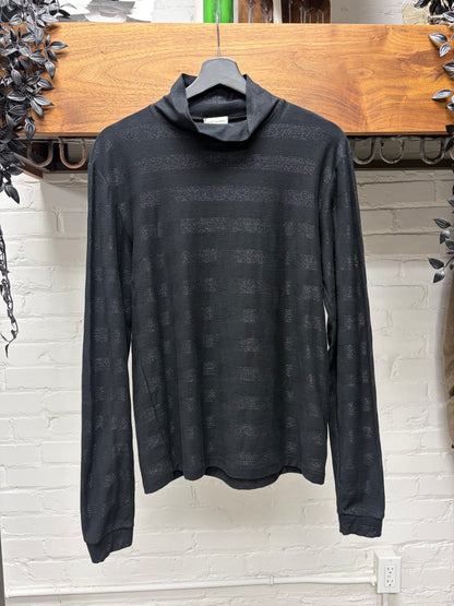 2019 Saint Laurent Silver/Black Glitter Striped Mock Neck Long Sleeve Shirt